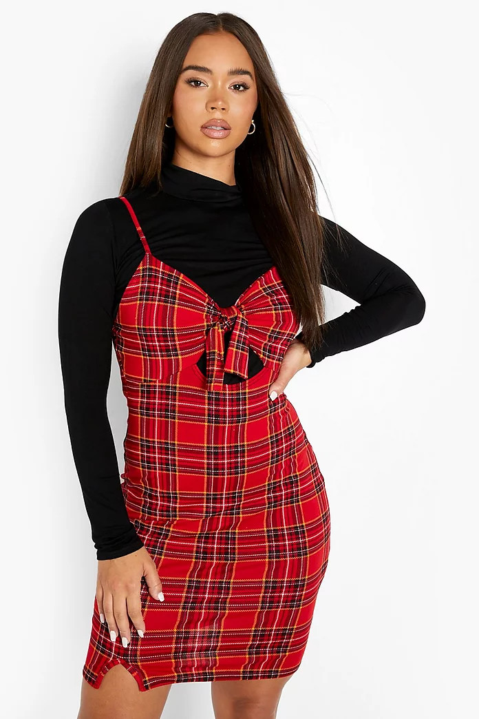 Turtleneck Top And Flannel Print Tie Slip Dress | Boohoo.com (US & CA)