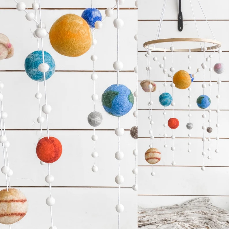 Solar System Felt Ball Mobile - Felted Planets 2cm wool - FREE SHIPPING USA - child room | Pom Po... | Etsy (US)