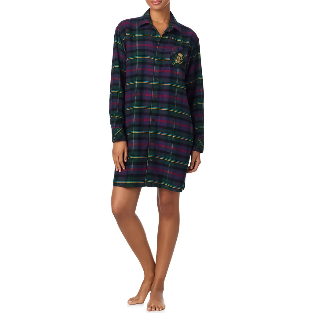 Lauren Ralph Lauren Plaid Print Sleepshirt in Green Plaid at Nordstrom, Size Small | Nordstrom