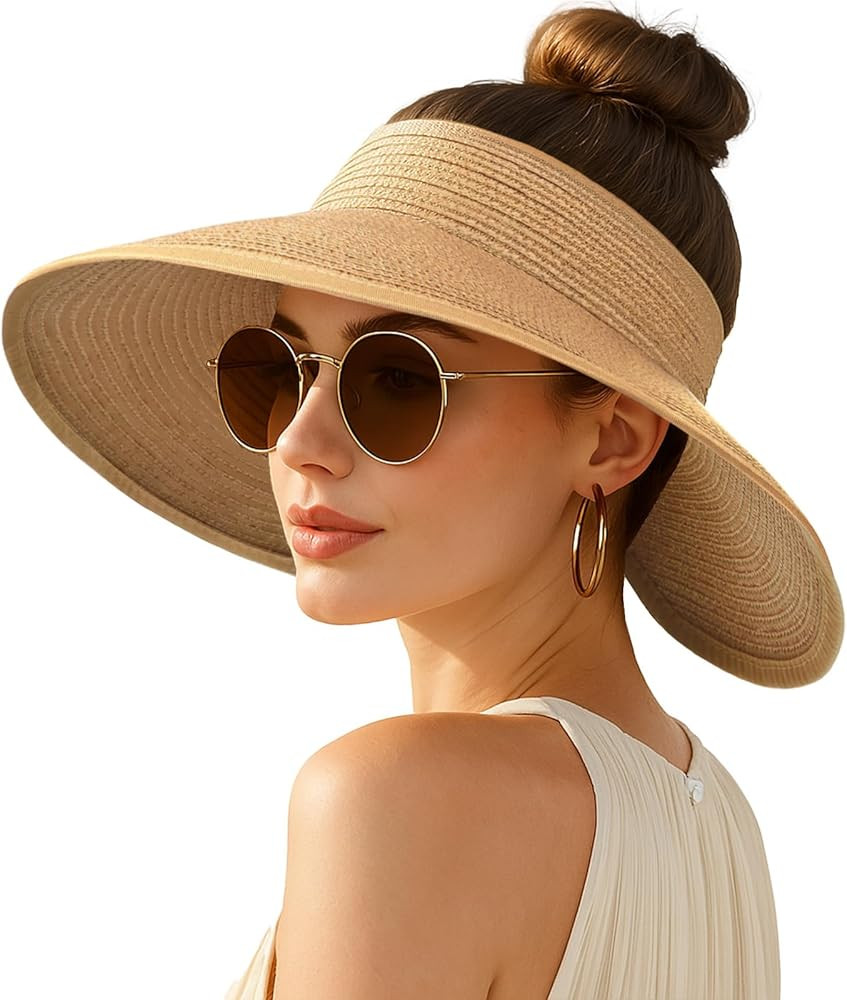 Women's Sun Visor Hats Wide Brim Straw Beach Hat Ponytail Hats for Women Foldable Floppy | Amazon (US)