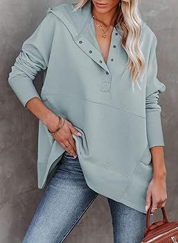 Amazon.com: AlvaQ Womens Button Up V Neck Hoodies Casual Long Sleeve Sweatshirts Loose Ribbed Pul... | Amazon (US)