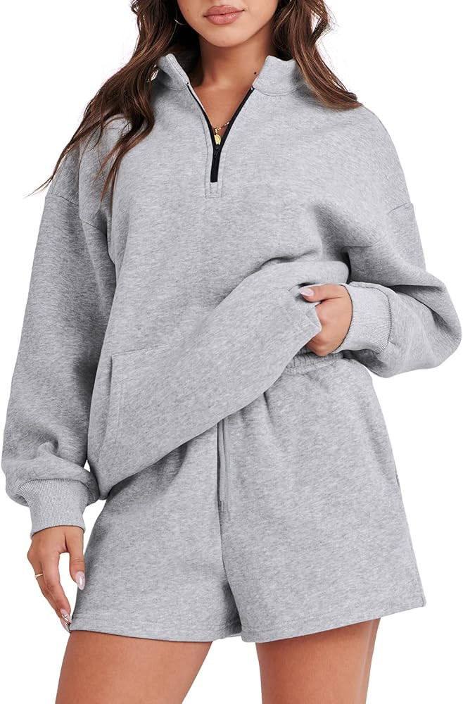 ANRABESS Women 2 Piece Outfits Sweatsuit Oversized Half Zip Collared Sweatshirt & Short Set Loung... | Amazon (US)
