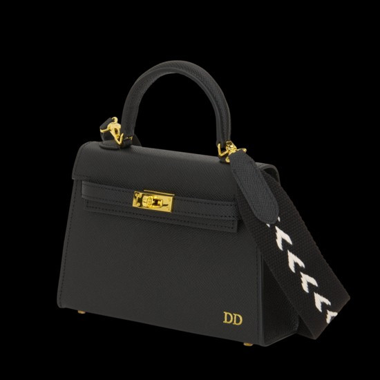 Lily & Bean Hettie Mini Bag - Black with Initials & Patterned Strap | Lily and Bean