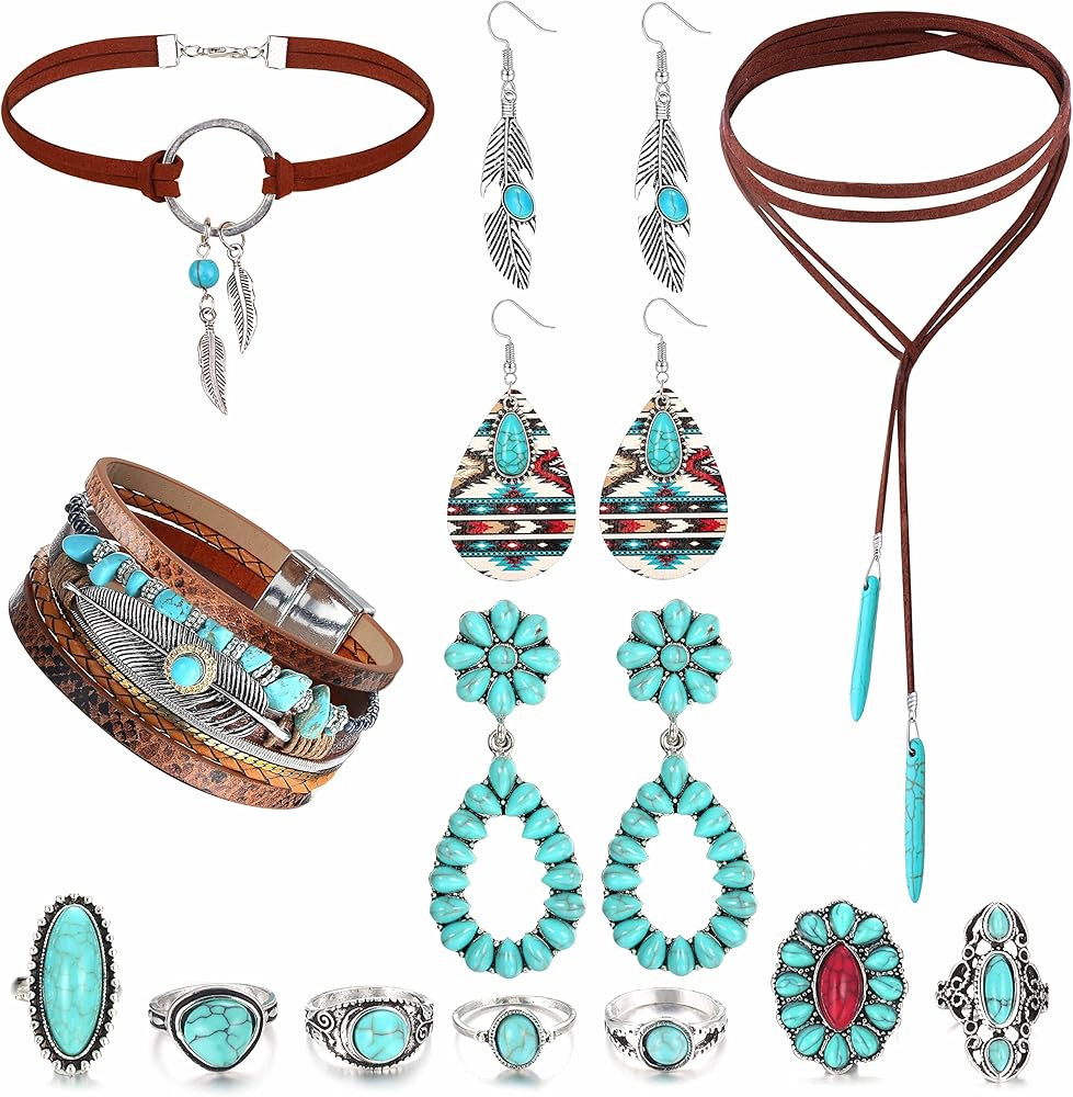 Florideco Western Jewelry for Women Bohemian Turquoise Jewelry Set Turquoise Faux Leather Cuff Br... | Amazon (US)