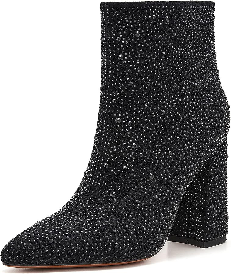 ZXHYZLZ Women's Sparkling Rhinestone Ankle Boots with Pointed Toe and Block Heel | Amazon (US)
