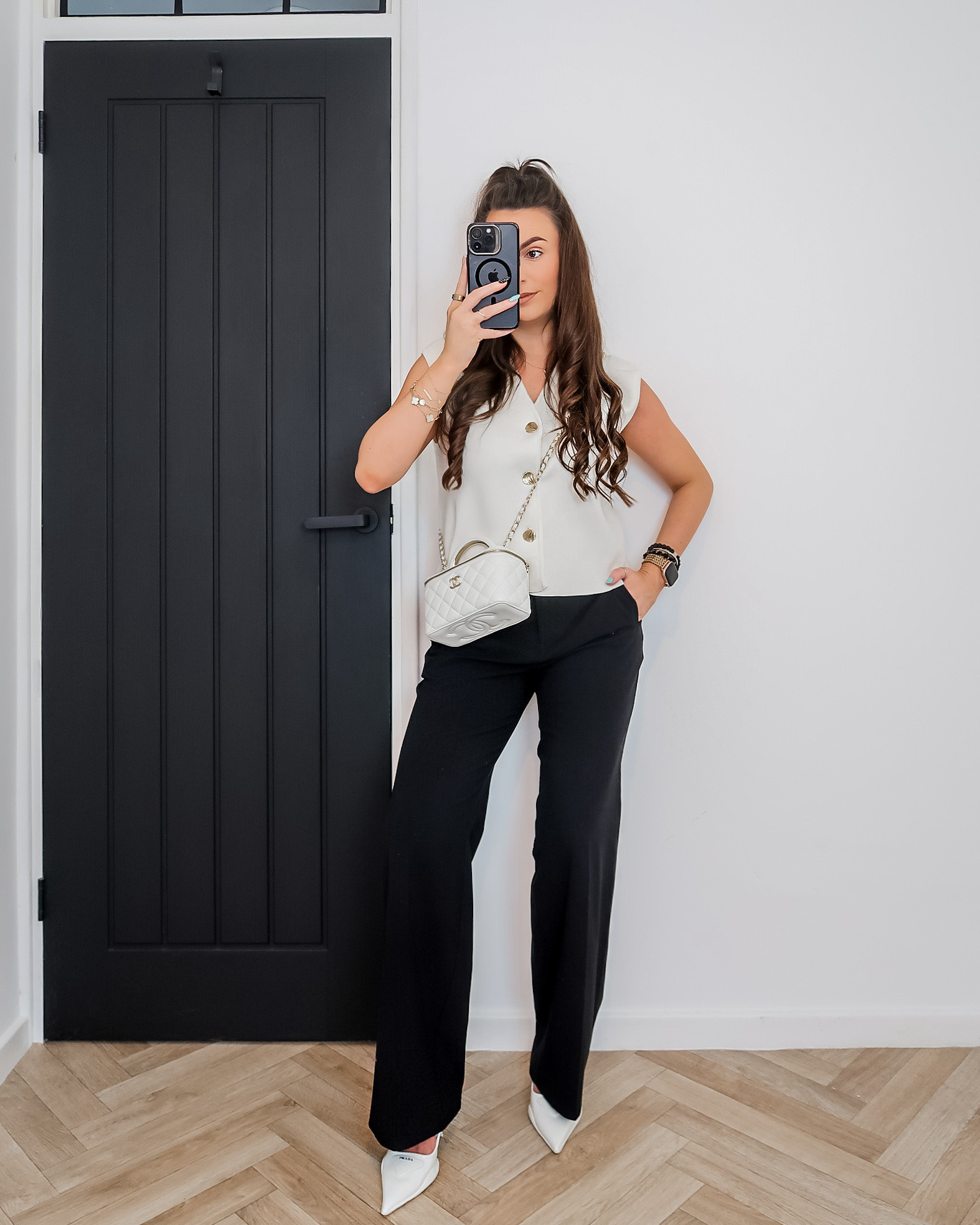 Saint + Sofia Maeva knit waistcoat cream, black tailored trousers outfit, white Prada heels outfit, Chanel vanity bag white, smart casual outfit, neutral outfit ideas, workwear chic, capsule wardrobe staples, elegant everyday style 

#LTKspring #LTKuk #LTKsummer