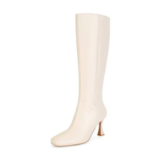 Dsevht Black Leather Knee High Boots for Women Stiletto Kitten Heeled Sexy Tall Boots Square Toe and Side Zipper Design Fashion Dress Boots | Amazon (US)