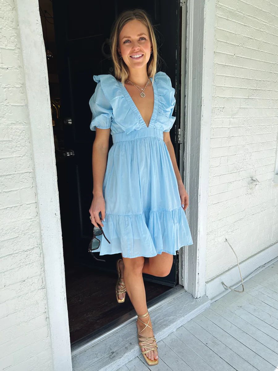 Savannah Mini Dress with Sleeves Sky Blue | Madison Mathews