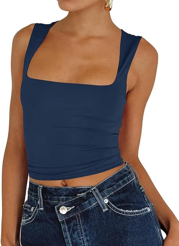 Dressmine Women's Sexy Sleeveless Crop Top Seamless Knitting Square Neck Trendy Basics Tank Top | Amazon (US)