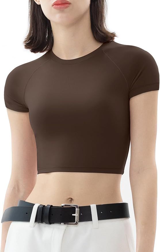 PUMIEY Women's Short Sleeve Crop Tops Crew Neck T Shirt Sexy Tee Smoke Cloud Collection | Amazon (US)