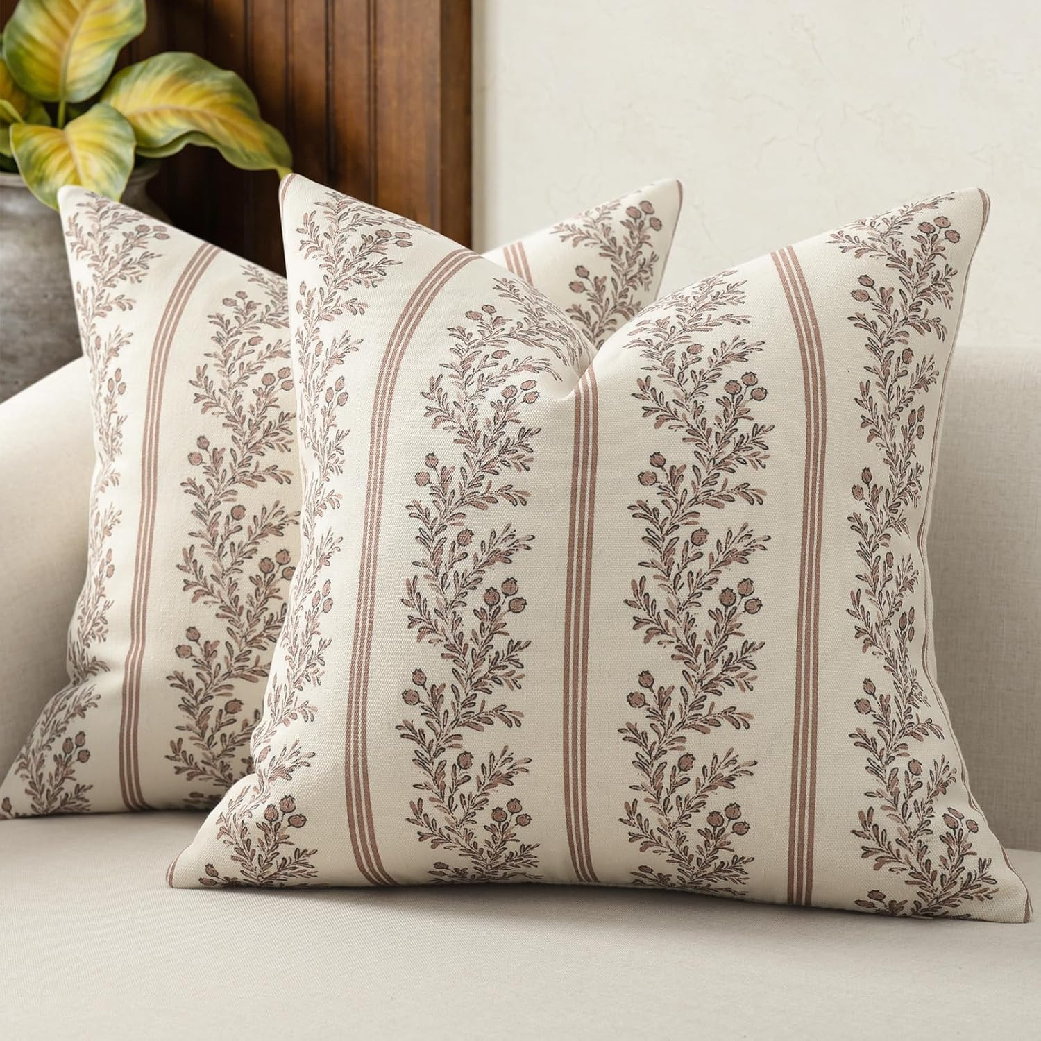 Vintage Throw Pillow Covers 24x24 Set of 2, Striped Floral Pillow Cover Botanical Patterned Decorative Cushion Covers Modern Farmhouse Home Decor for Sofa Couch Bed Living Room, Almond | Amazon (US)