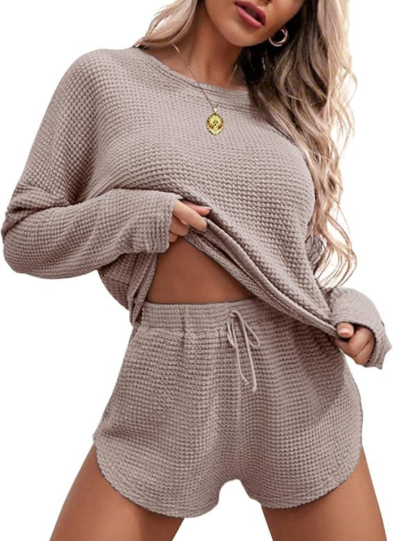 Ekouaer Womens Waffle Knit Pajama Sets Long Sleeve Top and Shorts Matching Lounge Set Loungewear Swe | Amazon (US)