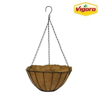 Growers Medium Black Metal Hanging Round Planter with Coco Liner (14 in. L x 14 in. W x 7 in. H) | The Home Depot