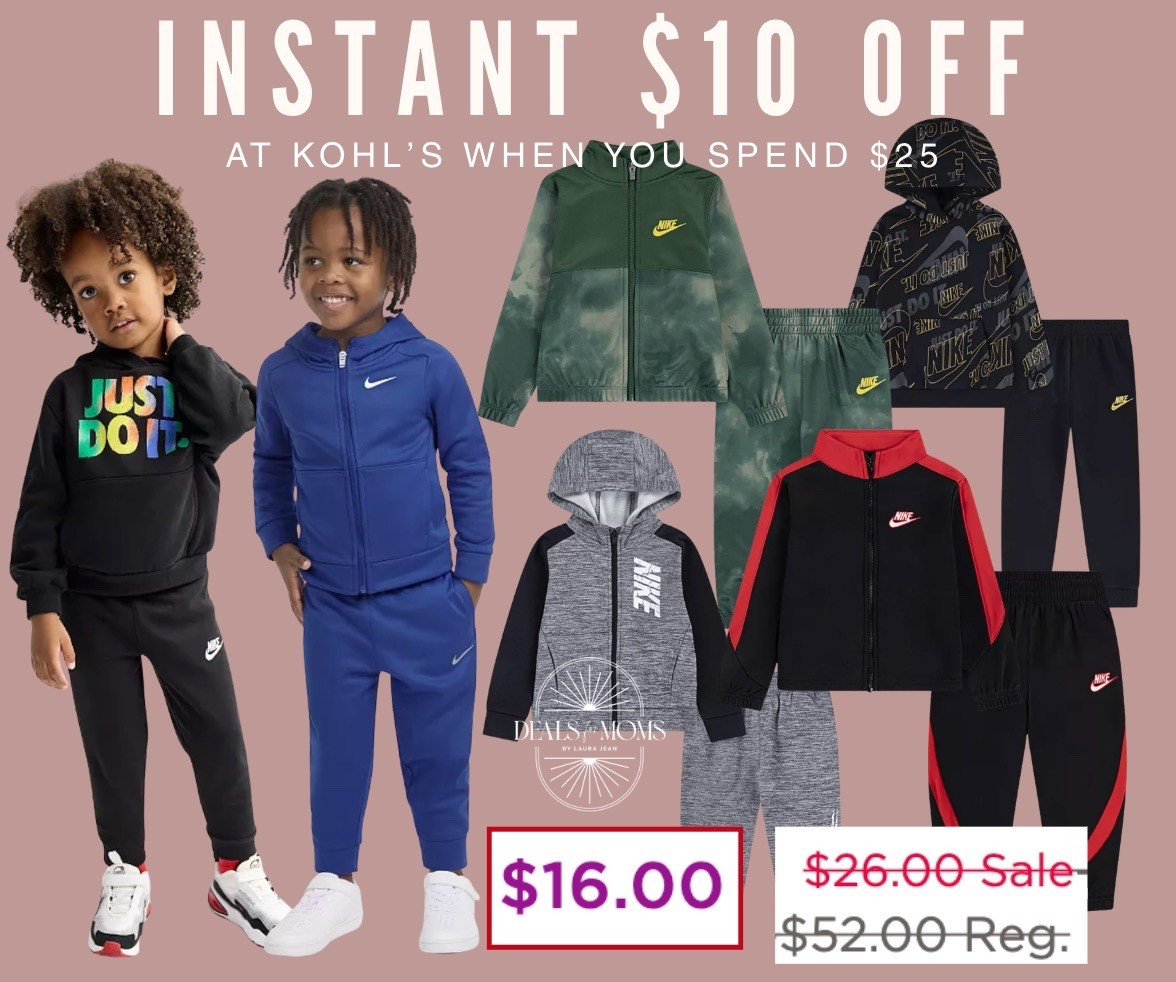 #ad Yes!! Use code INSTANT10 to get $10 INSTANT Kohl’s Cash when you spend $25! One of my favorite Kohl’s offers and they rarely do it! This offer applies once per account. These Nike sets for littles are majorly on sale + you’ll get an instant $10 off, so it’s like you’re paying $16! There are options for babies, toddlers, and kids up to size 6. Please open Kohl’s links in your web browser instead of your app. I really appreciate your support! @kohls #kohlspartner #kohlsfinds

#LTKSaleAlert #LTKKids #LTKmomlife