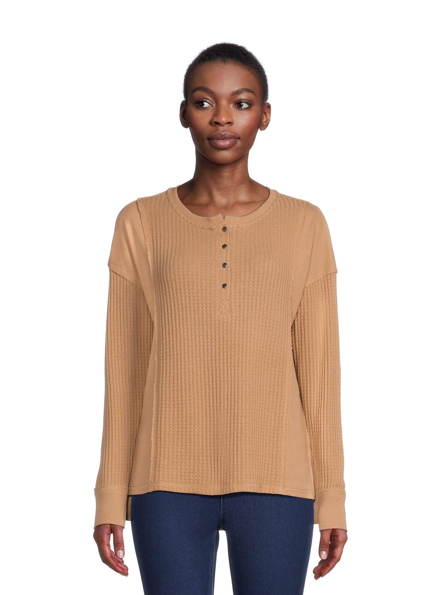 Time and Tru Women's Mixed Henley Tee with Long Sleeves, Sizes S-XXXL | Walmart (US)