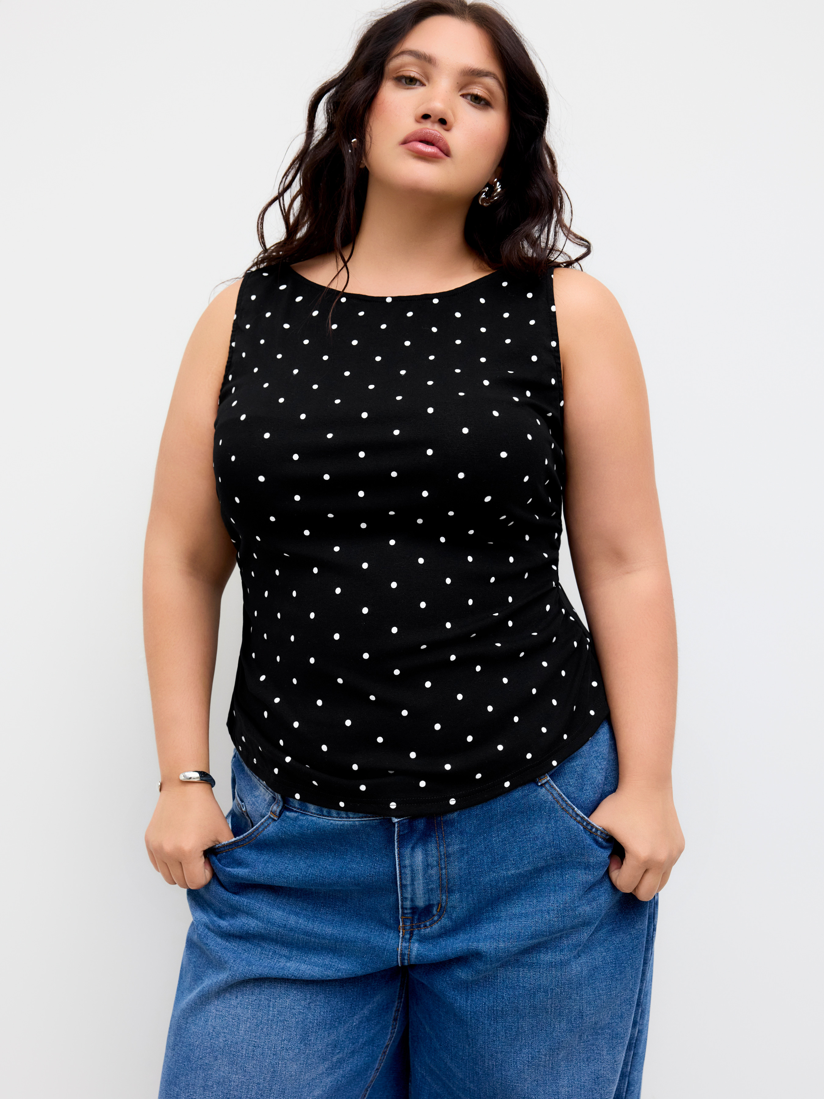 Polka Dot Knit Fabric Cotton-blend Boat Neck Knotted Polka Dot Ruched Tank Top Curve & Plus For W... | Cider