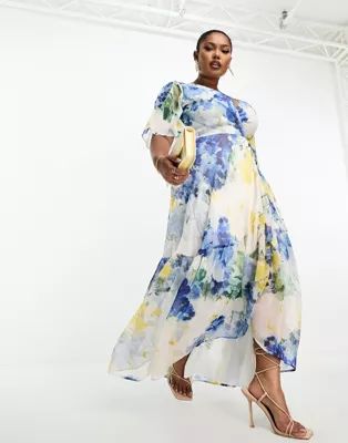 Hope & Ivy Plus ruffle wrap maxi dress in blue floral print | ASOS (Global)