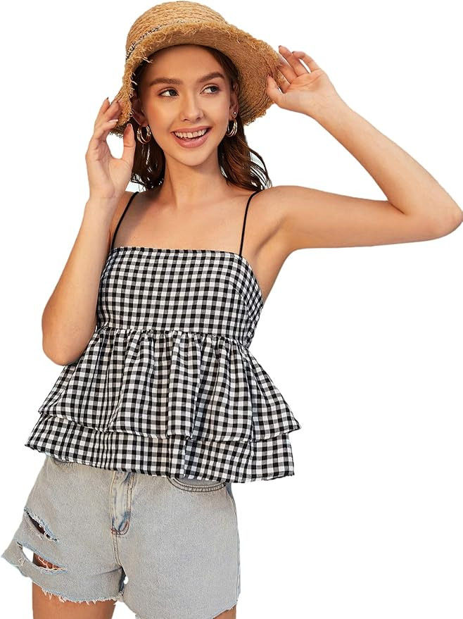 SheIn Women's Plaid Sleeveless Strappy Cami Tops Tiered Layer Ruffle Hem Camisole | Amazon (US)