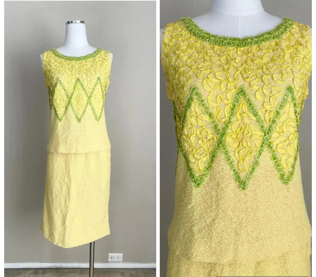 Vintage 60s Knit Skirt Set: Green & Yellow Ribbon Detail - Apollo Knits Small | Etsy (US)
