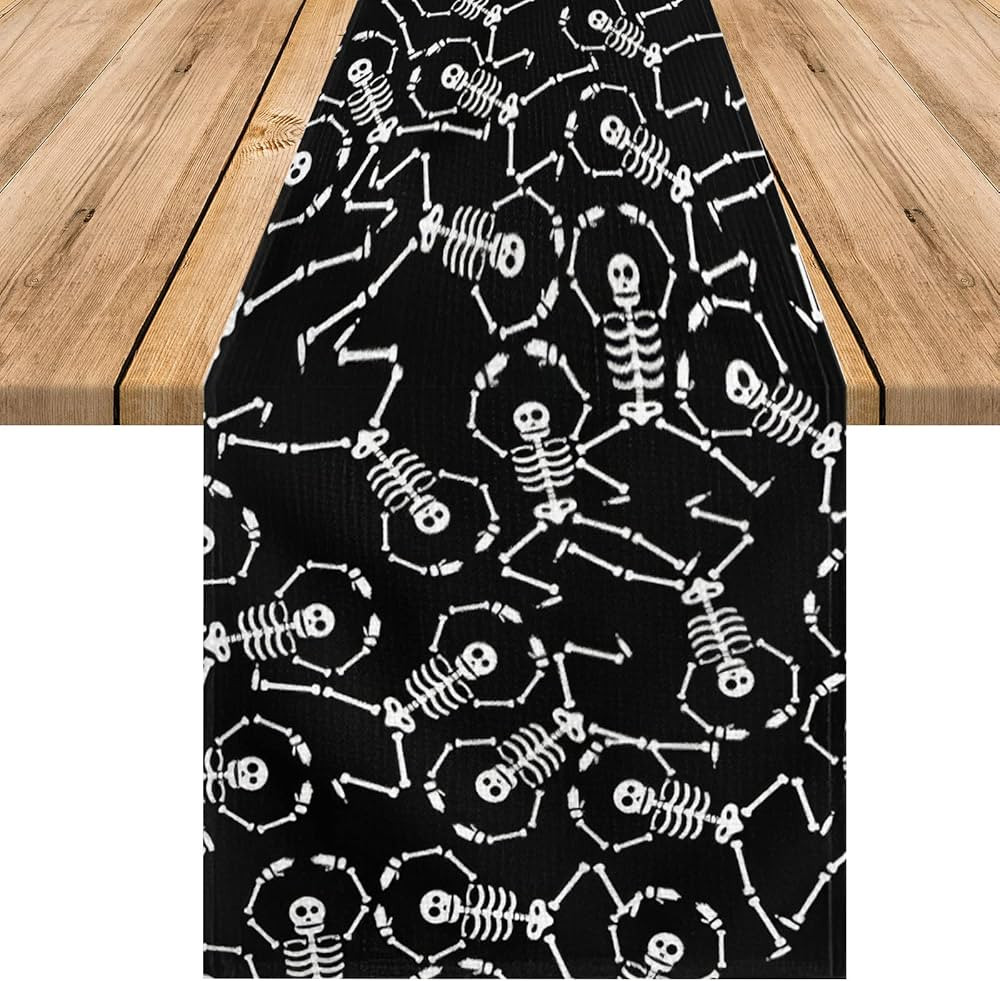 Happy Halloween Table Runner, Black Table Runner with Skeleton, Burlap Table Runner for Farmhouse... | Amazon (US)