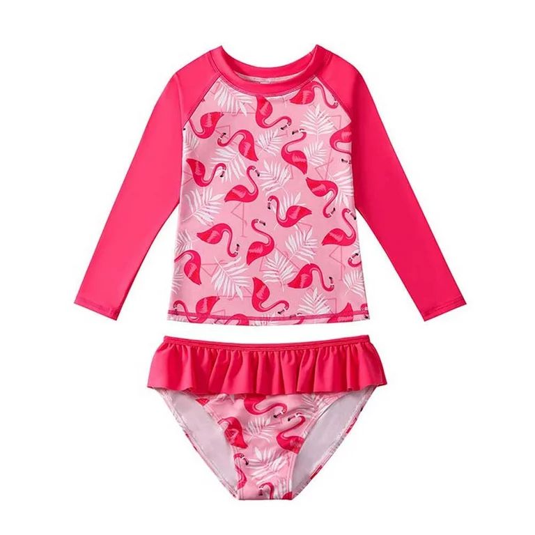 2-10T Kids Girl Flamingo Two Piece Long Sleeve Rash Guard Ruffles Bikini Swimsuit | Walmart (US)