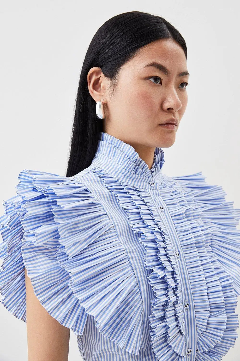 Sleeveless Striped Pleated Ruffle Blouse | Karen Millen