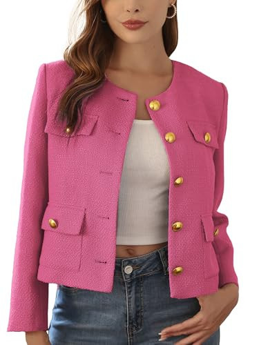 M.Infisavo 2026 Women Tweed Jacket Cropped Blazers Spring Elegant Round Neck Pockets Business Casual Outfit, Rose Red, Medium | Amazon (US)