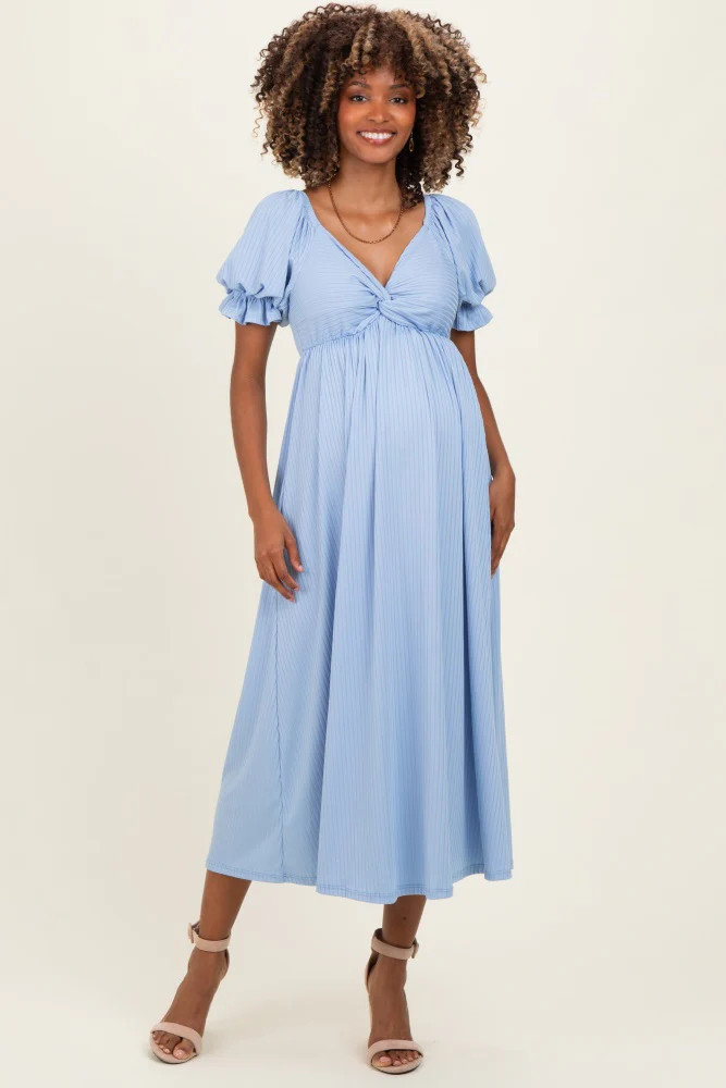 Light Blue Ribbed Short Sleeve Empire Waist V-Neck Maternity Maxi Dress | PinkBlush Maternity