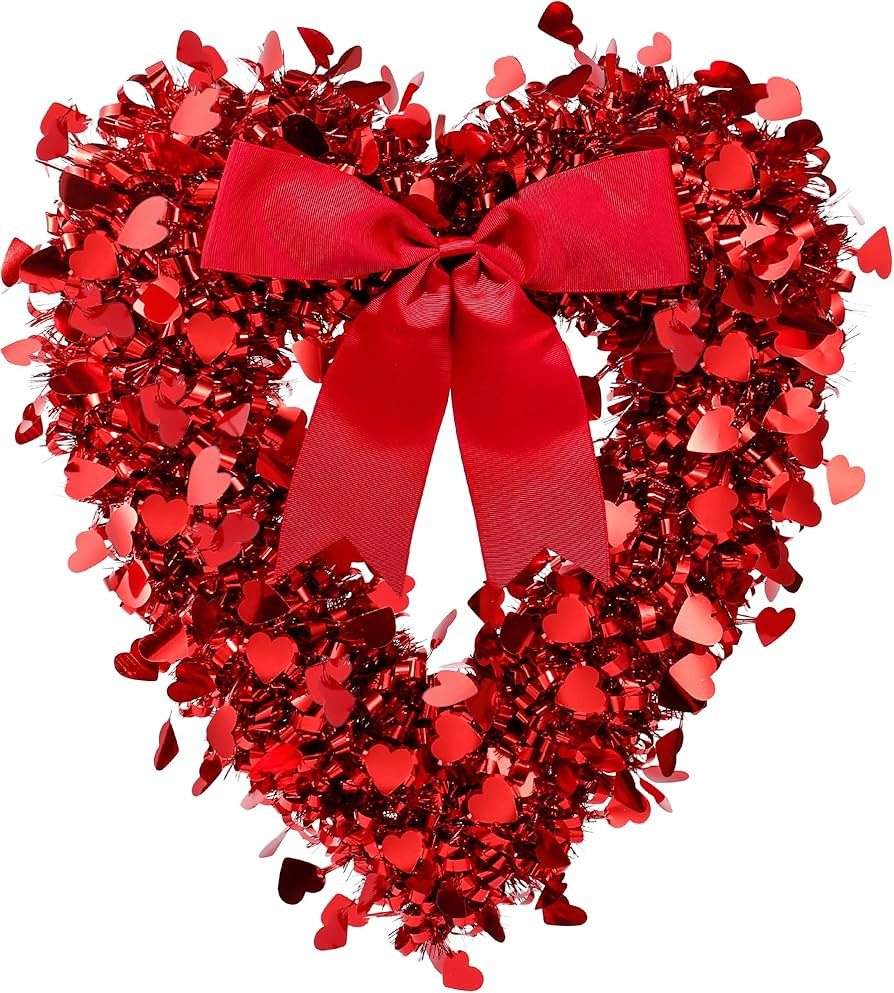 Sggvecsy 17.7'' Tinsel Heart Shaped Wreath with Red Bow for Front Door Wedding Party Anniversary ... | Amazon (US)