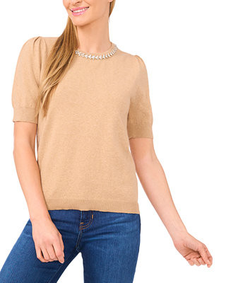 Women's Embellished Neck Trim Short Sleeve Sweater Top | Macy's