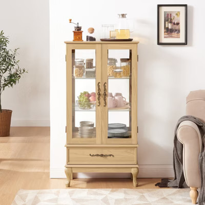 GlasFlength Decorative Storage Cabinets, Elegant Farmhouse Style Cabinet, with Glass Doors and A Spacious Drawer, adding a Classic Touch, Beige, | Target