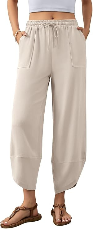 Women's Harem Cotton Linen Pants Wide Leg Capri Beach Pants Palazzo Cropped Drawstring Trousers w... | Amazon (US)