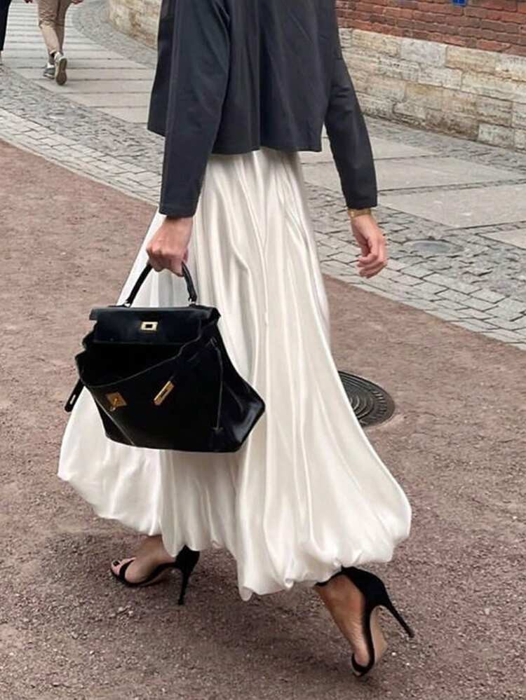 Satin pleated Bibble long skirt  | SHEIN