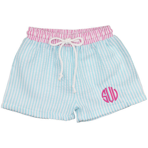 Aqua And Pink Seersucker Swim Trunks | Cecil and Lou