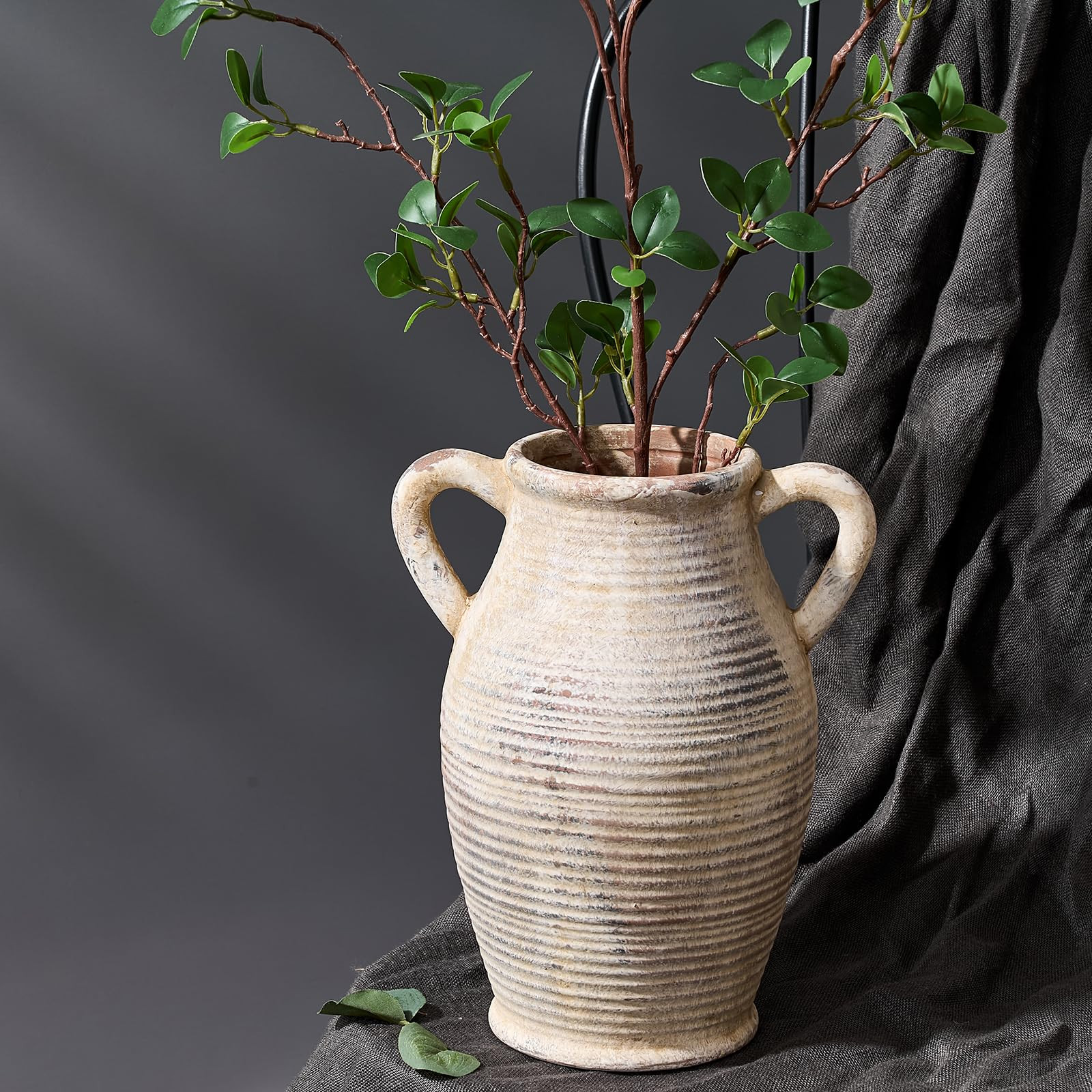 Large Ceramic Rustic Vase with 2 Handles, 9.8 inch Whitewashed Terra Cotta Decorative Pottery Flo... | Amazon (US)