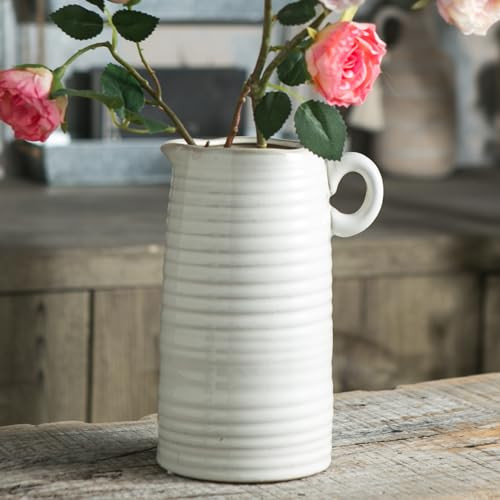 Sowlvenco White Ceramic Vase with Small Handle, Modern Farmhouse Pitcher, Milk Jug Vase for Home Decor, Rustic Textured Pottery Vase, Glazed Decorative Vase for Flowers, Centerpieces for Dining Table | Amazon (US)