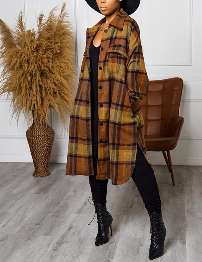 Omoone Women's Lounge Lapel Button Up Long Sleeve Plaid Long Shirt Jacket Shacket | Amazon (US)