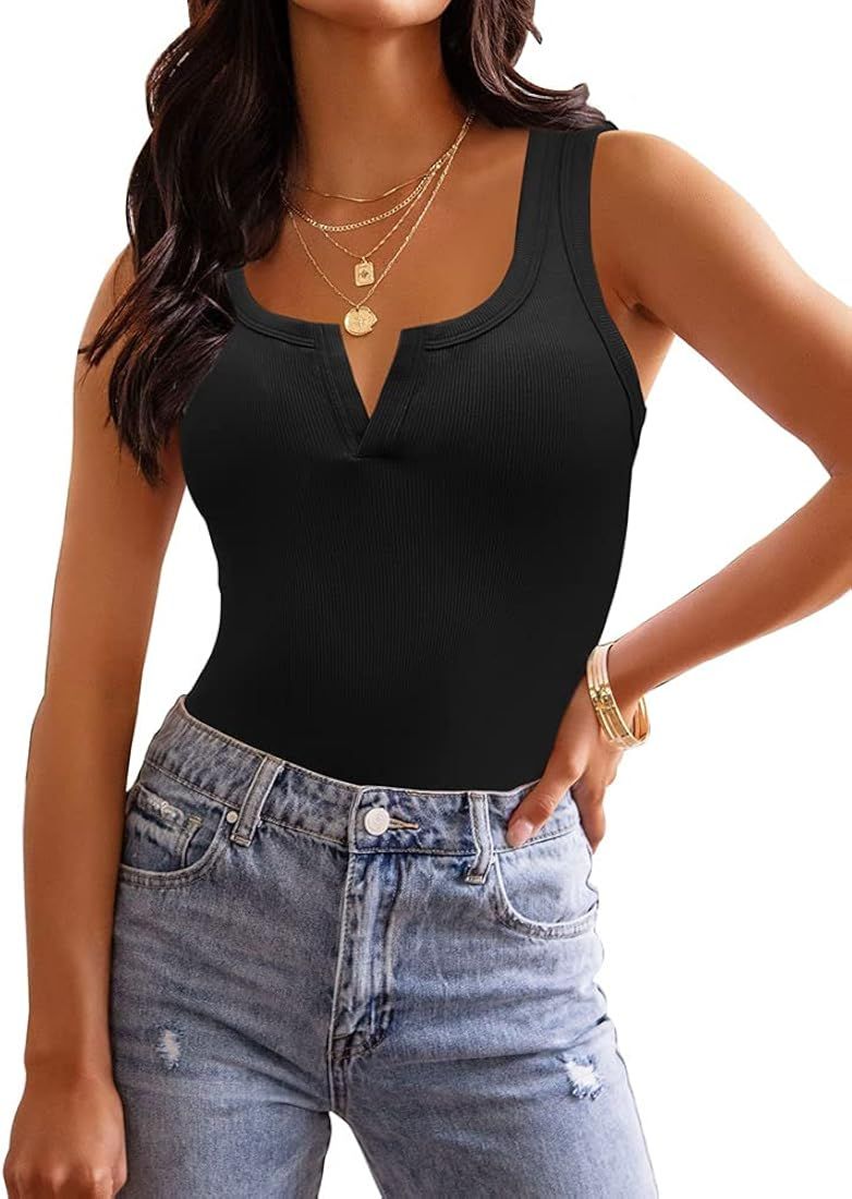 BOGOL Women's Sexy Scoop Neck Notch V Neck Sleeveless Racer Back Ribbed Slimming Bodysuit Tank To... | Amazon (US)