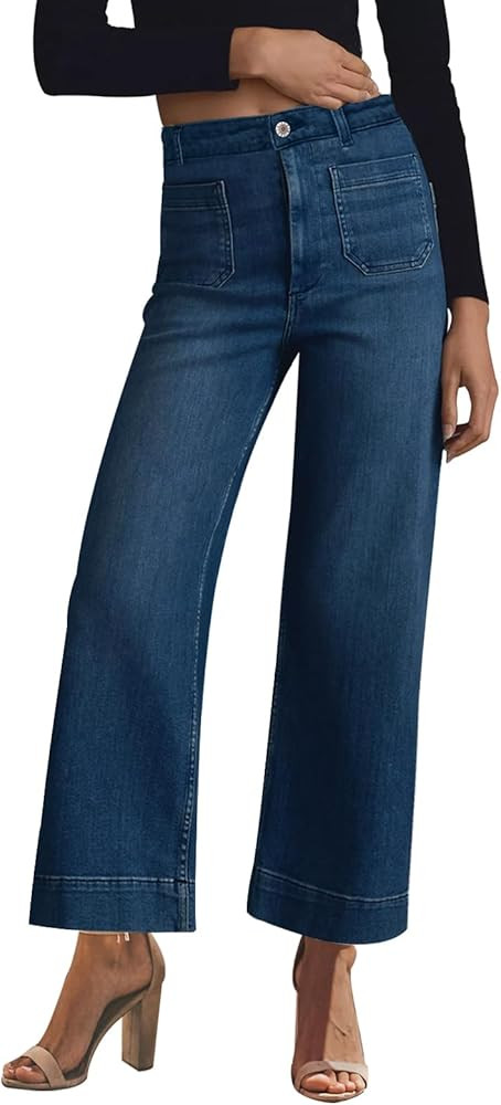 KUNMI Women's Wide Leg High Waisted Stretchy Straight Leg Jeans Baggy Loose Trendy Denim Pants | Amazon (US)