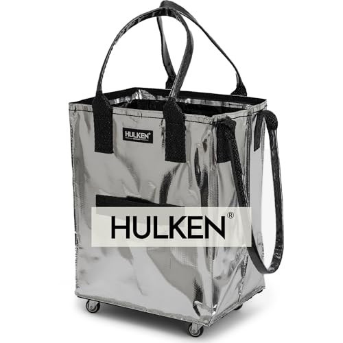 HULKEN (Medium, Silver) Reusable Grocery Bag On Wheels, Shopping Trolley, Rolling Tote, Zipper Closure, Lightweight, Carries Up to 66 lb, Folds Flat, Unbreakable Handles | Amazon (US)