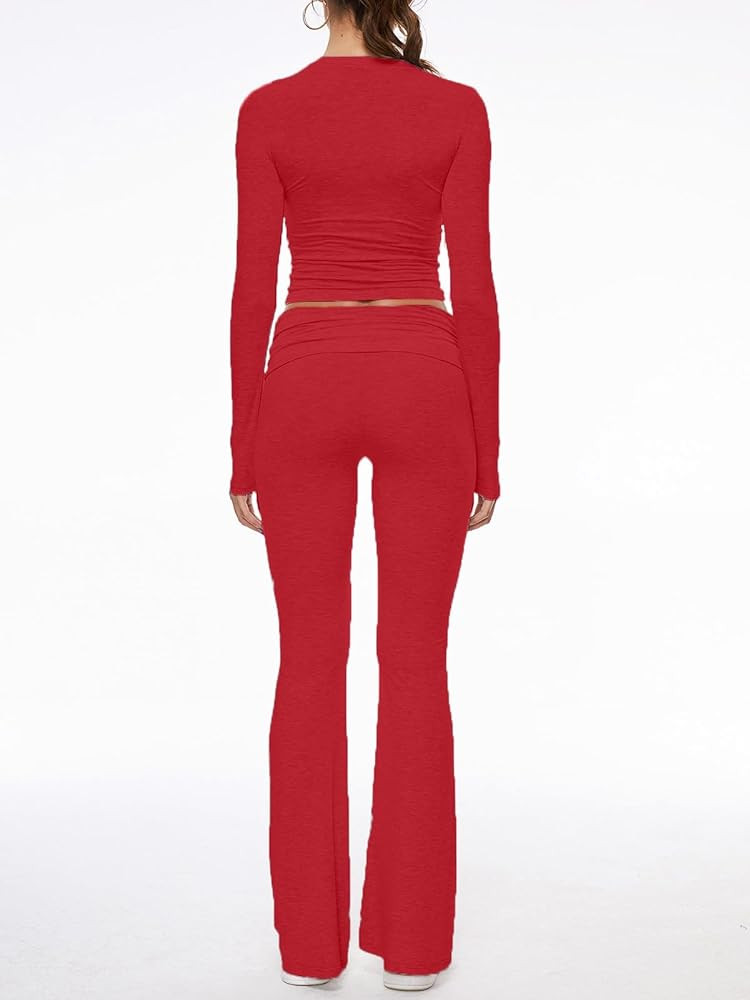 AnotherChill Women's 2 Piece Lounge Sets Fold-over Flare Pants Set Long Sleeve Cropped Top Casual... | Amazon (US)