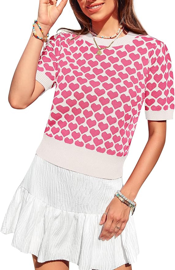 Women Puff Short Sleeve Sweater Casual Cropped Knit Shirts Cute Heart Holidays Graphic Print Pull... | Amazon (US)