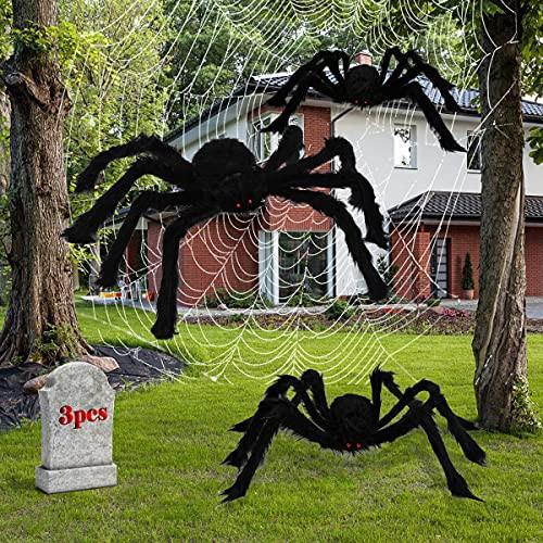 DIYDEC 3Pack Halloween Hairy Spider Set,Realistic Giant Scary Spider Props Decoration with Spider Web for Indoor and Outdoor Decoration (50”,35”, 30”) | Amazon (US)