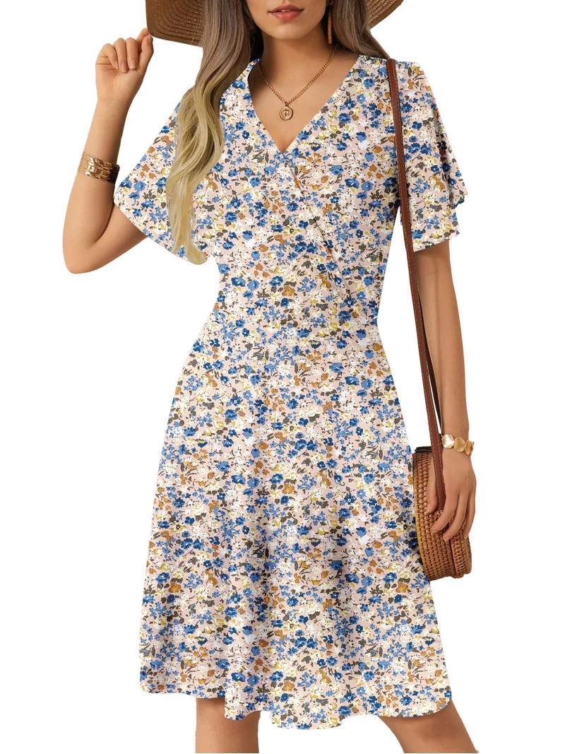 UVN Summer Dresses for Women Short Sleeve V Neck A-Line Midi Dress Boho Beach Floral Print Sundre... | Walmart (US)