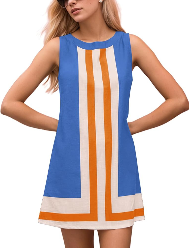 MISSACTIVER Women Boho Striped Mini Dress Sleeveless Color Block T Shirt Sundress Casual Cover Up... | Amazon (US)