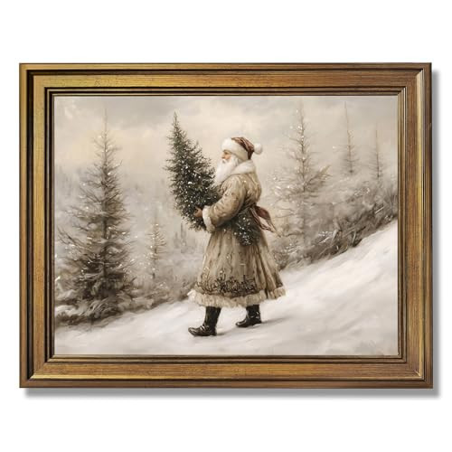 Vintage Christmas Santa Claus Prints Christmas Forest Scene with Santa Holding Tree Painting Rustic Holiday Poster Neutral Winter Artwork for Living Room Fireplace Decor 12x18inch Vintage Framed | Amazon (US)
