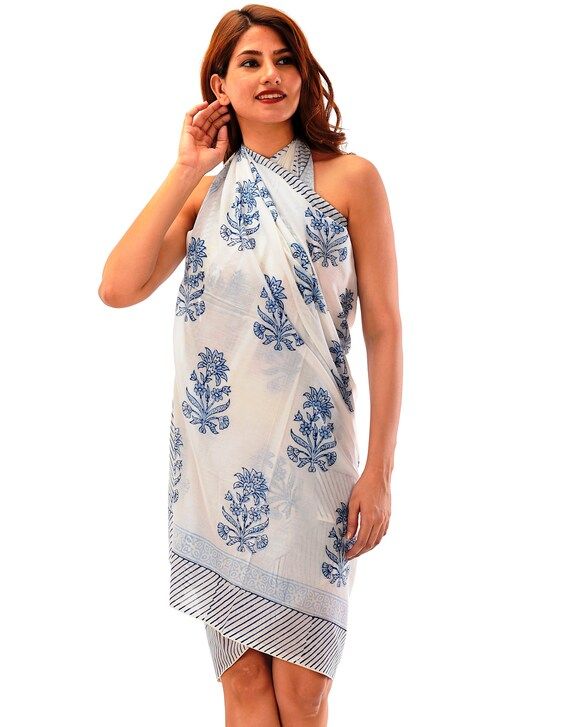 Sarong White Blue,Sarong Hand Block Print,Sarong Floral, Sarong Pareo for women,,Sarong Beach Wra... | Etsy (CAD)