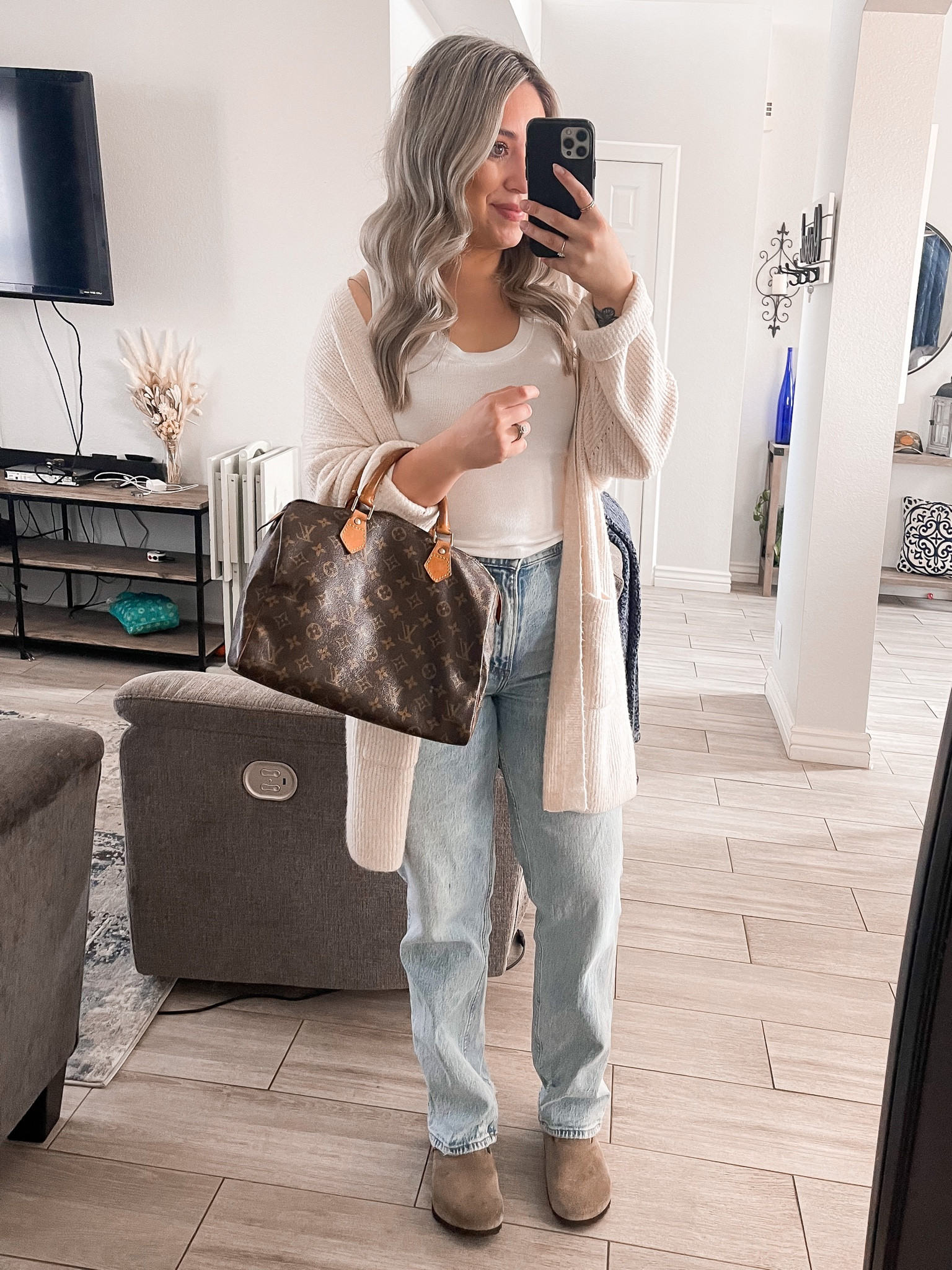 Abercrombie Jeans (on sale) size 8
Cozy cardigan size medium 
Boston birkenstock 
White tank
Miranda fry jewelry


#LTKSeasonal #LTKunder50 #LTKstyletip