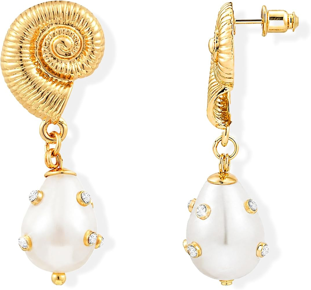 Shell Conch Earrings for Women - 14K Gold Plated Summer Beach Earrings, Hypoallergenic Zirconia D... | Amazon (US)