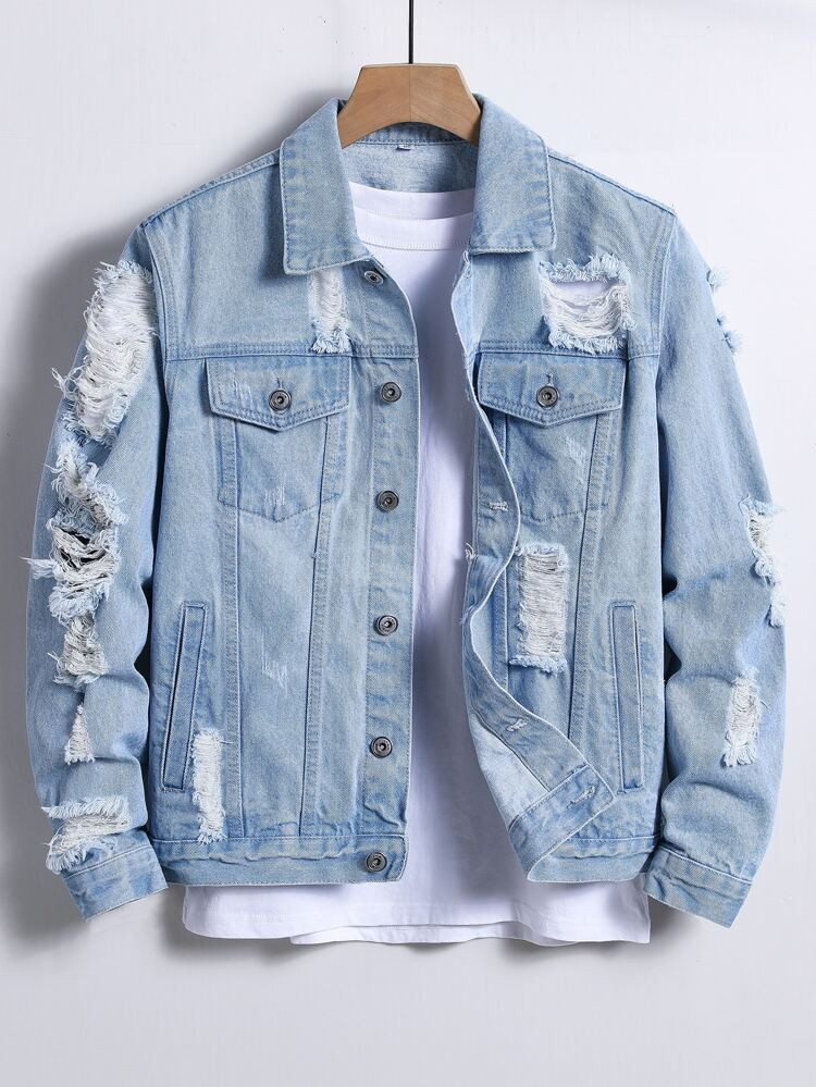 Men Ripped Flap Pocket Denim Jacket Without Tee | SHEIN